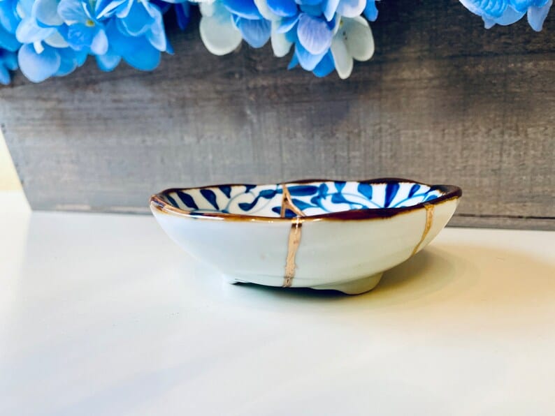 Kintsugi Repaired White and Blue Petals Sauce Dish