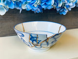 Kintsugi Repaired White and Blue Japanese Rice Bowl