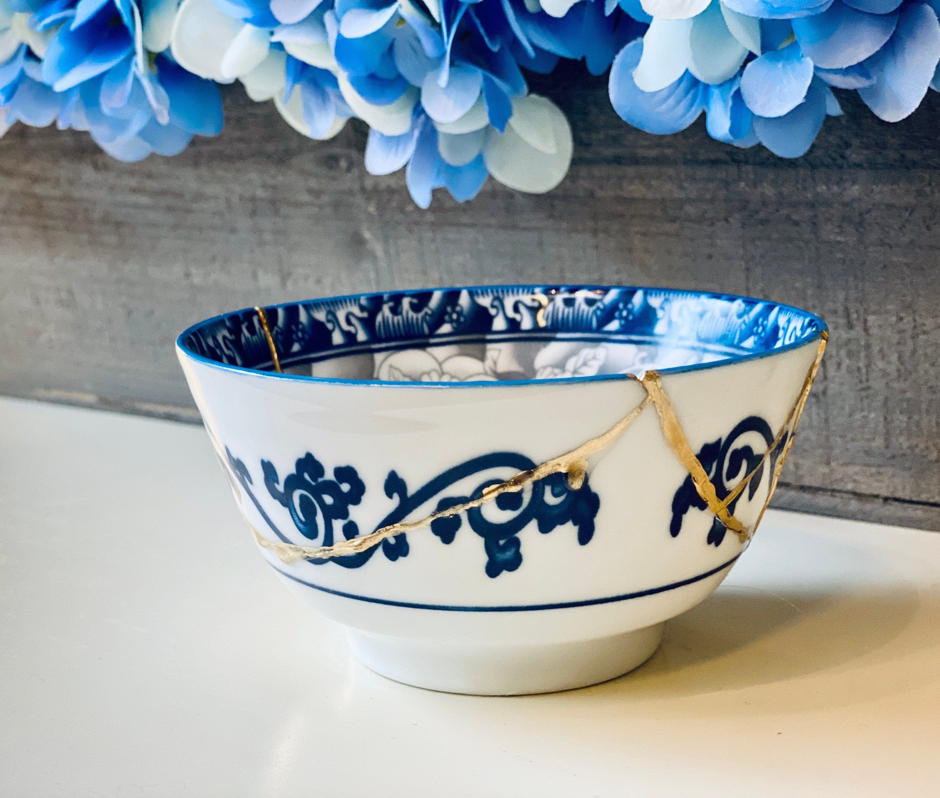 Kintsugi Repaired Blue and White Japanese Ring Bowl