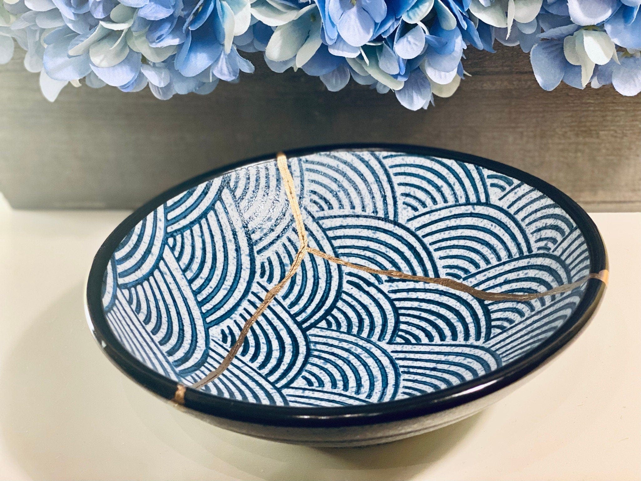 Kintsugi Repaired Blue Stoneware Scale Pattern Bowl