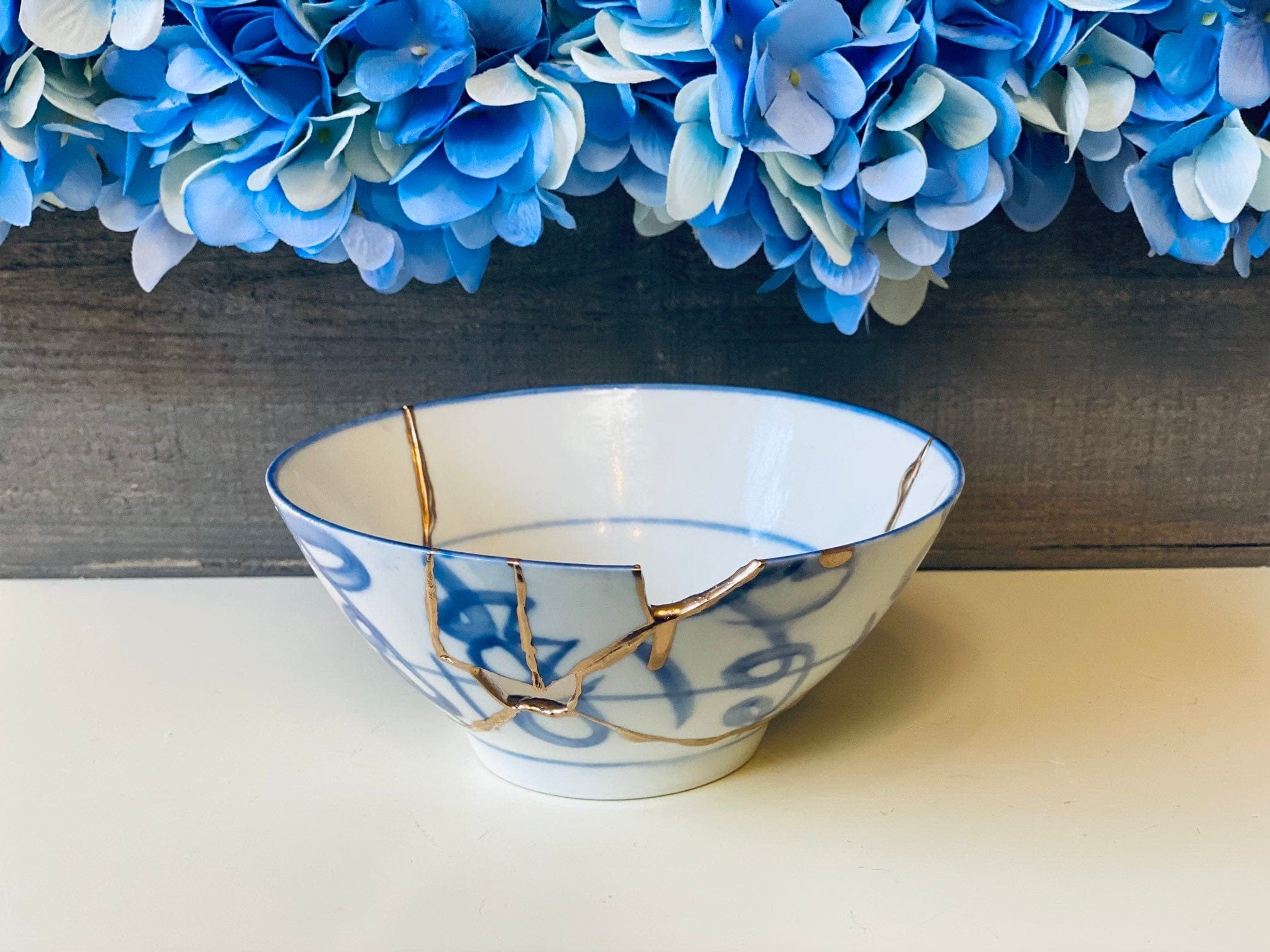Kintsugi Repaired White and Blue Japanese Rice Bowl