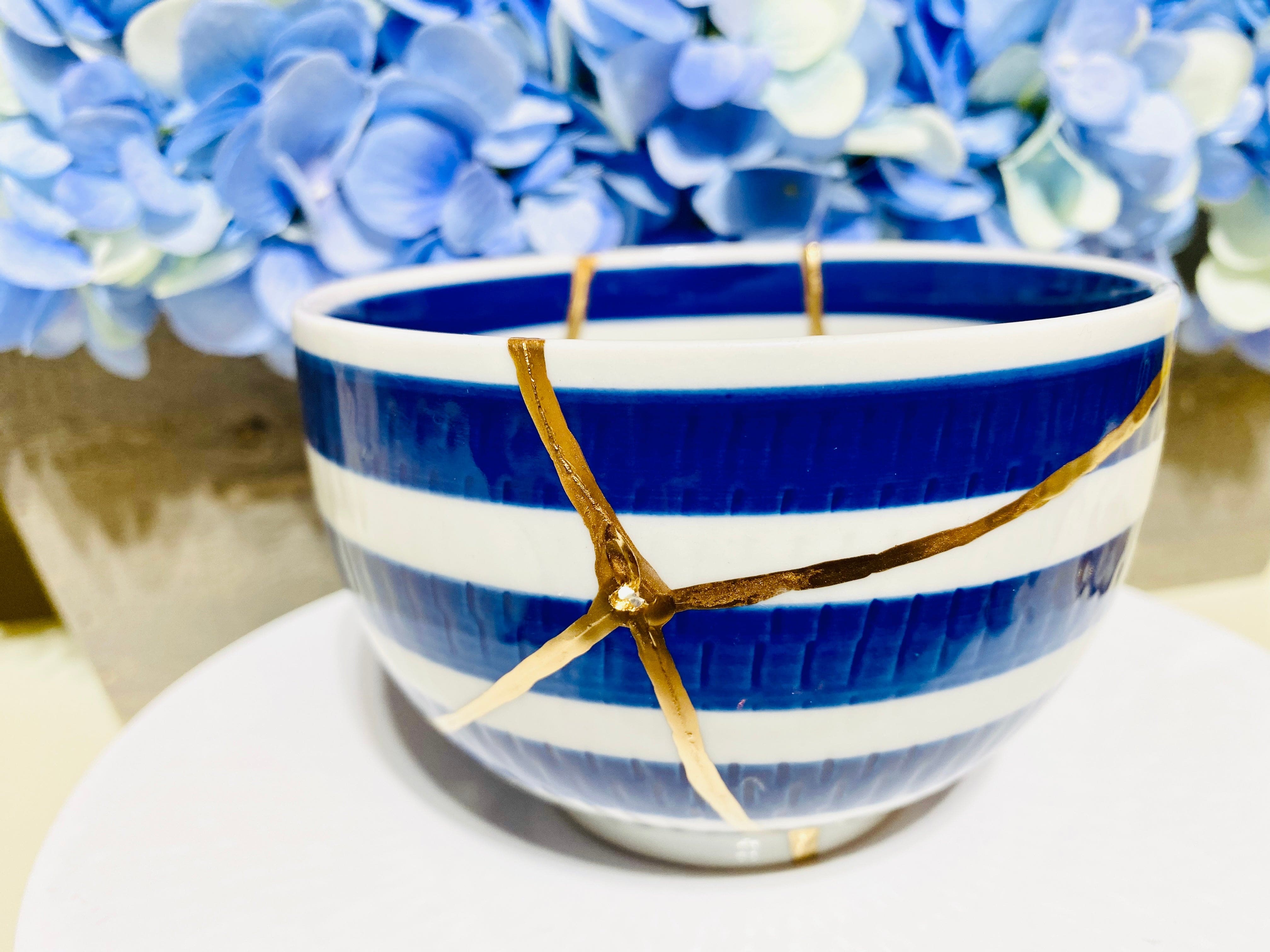 Blue Nautical Kintsugi Bowl, Kintsugi Ceramics and Pottery, Home Decor, Minimalist Gifts, Room Decor, Kintsugi Nautical Blue Striped Bowl