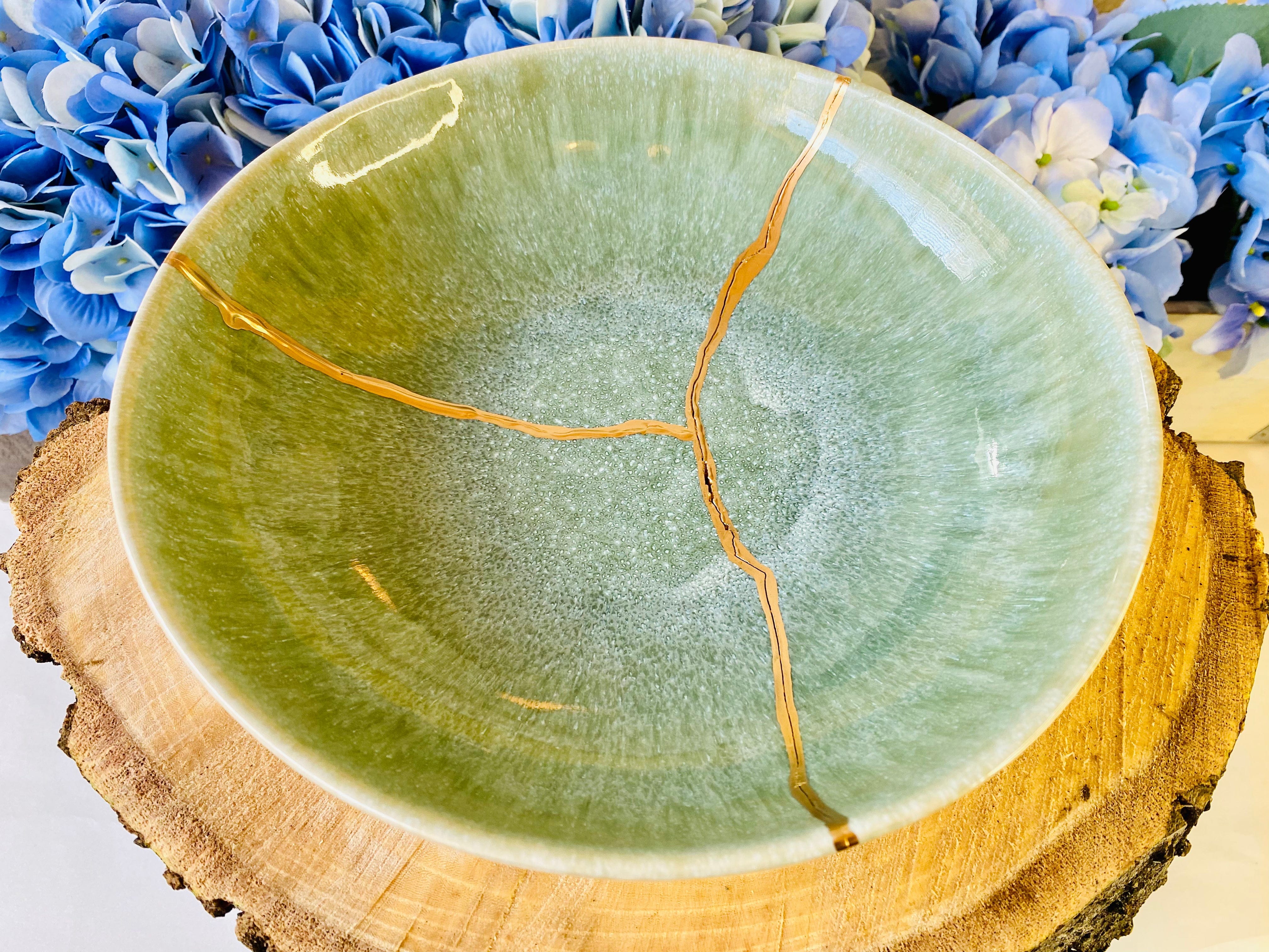 Kintsugi Repaired Reactive Celadon Green Bowl