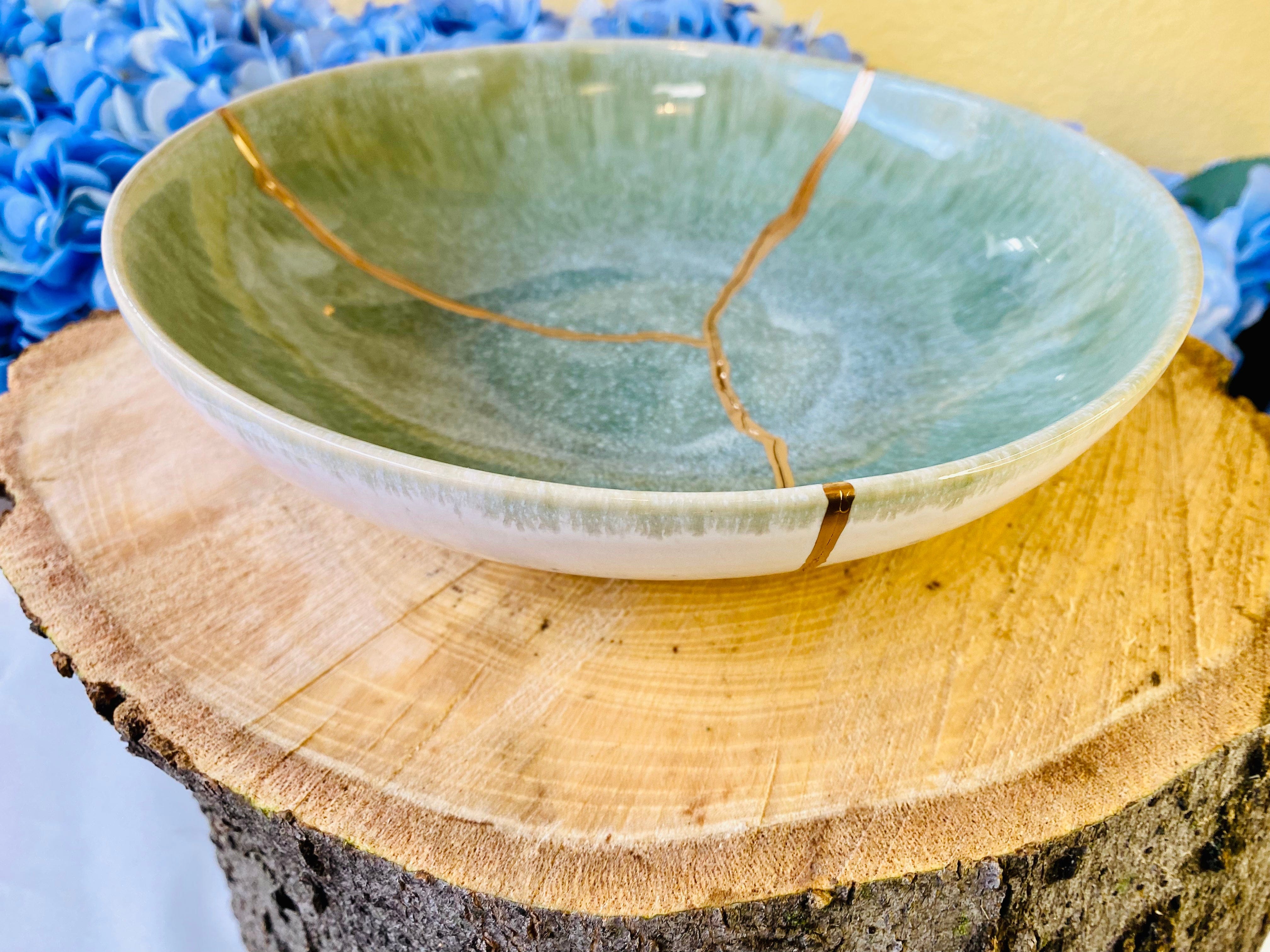 Kintsugi Repaired Reactive Celadon Green Bowl