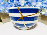 Blue Nautical Kintsugi Bowl, Kintsugi Ceramics and Pottery, Home Decor, Minimalist Gifts, Room Decor, Kintsugi Nautical Blue Striped Bowl