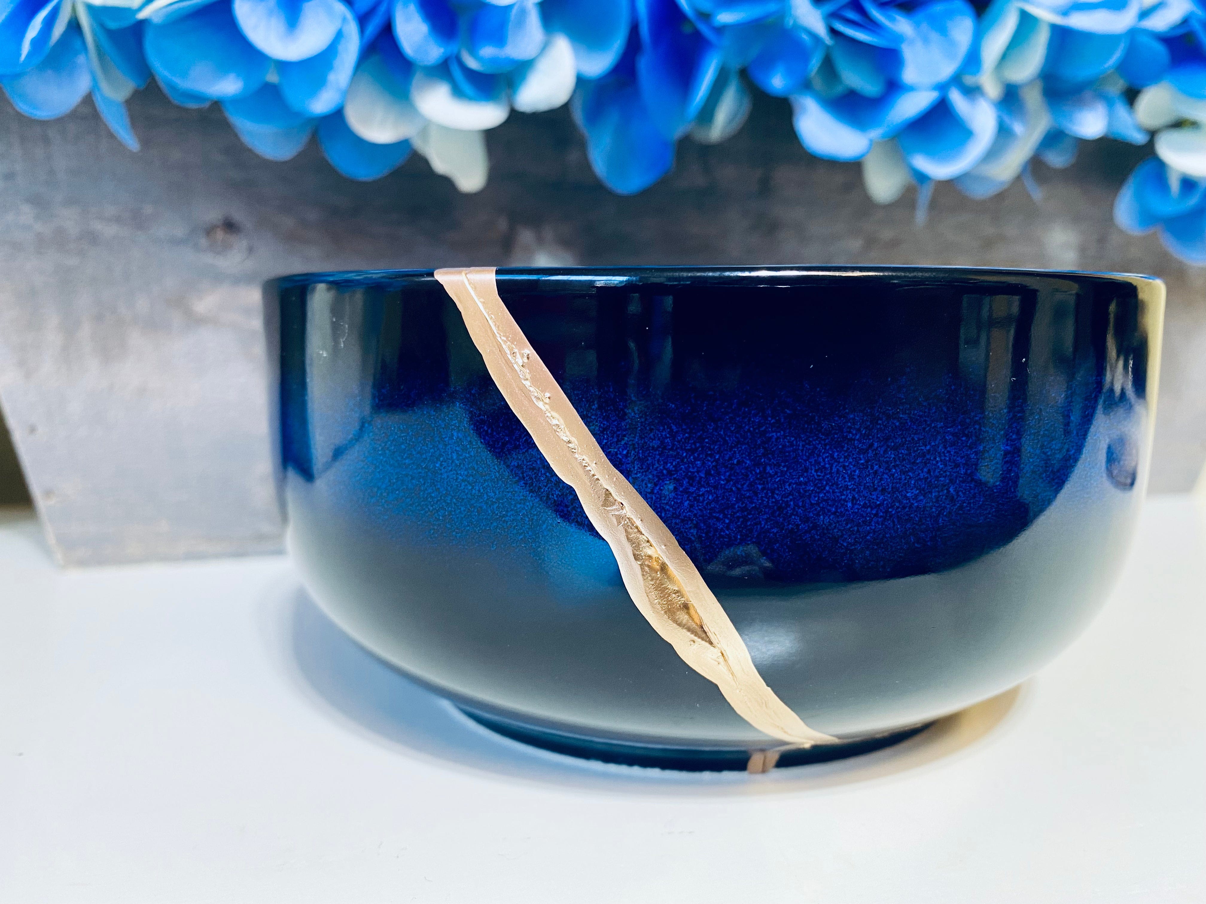 Kintsugi Blue Bowl Repaired With Gold Stock Photo - Download Image