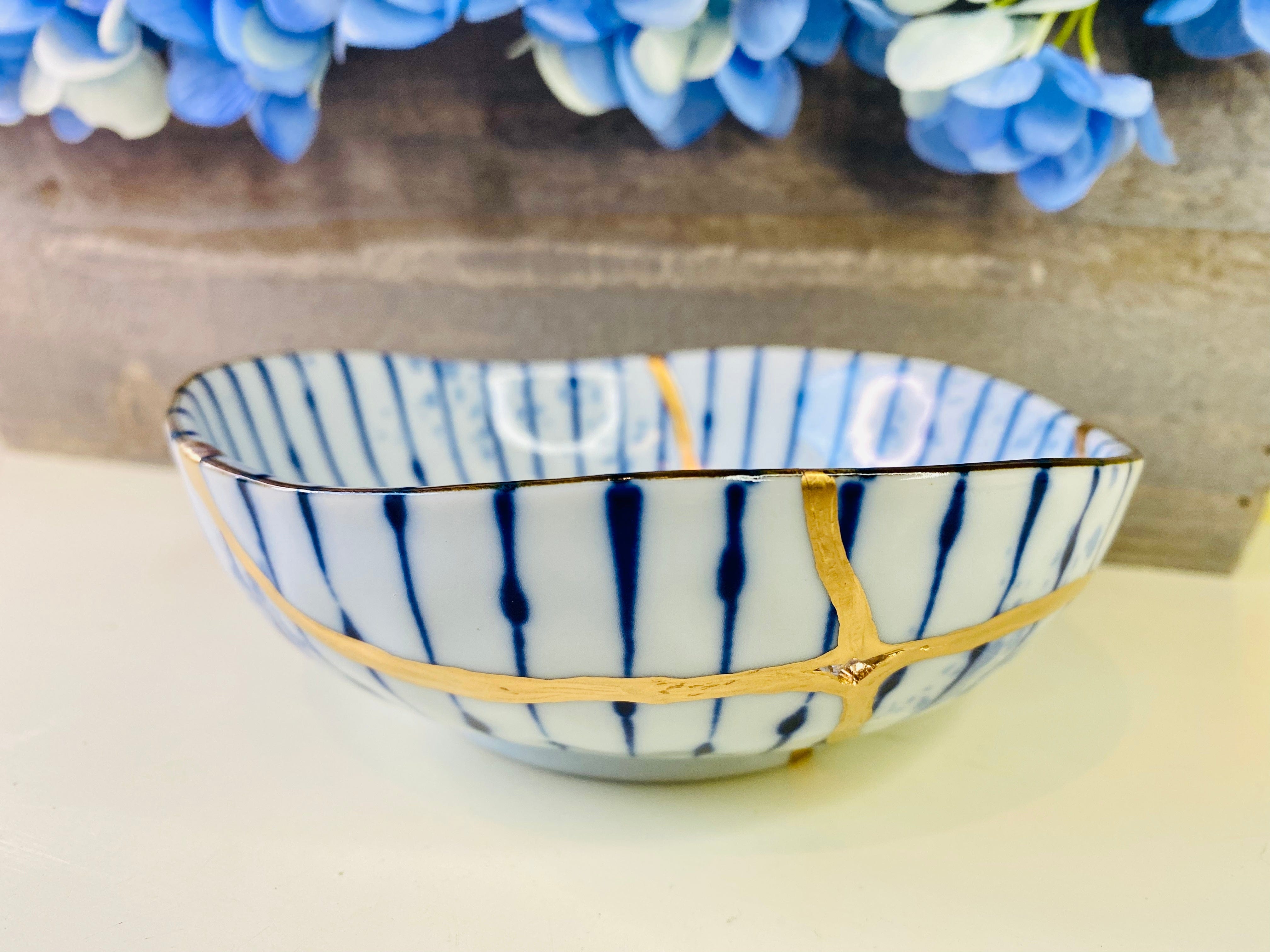 Kintsugi Blue Striped Irregular  Bowl