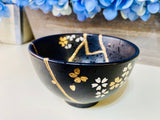 Kintsugi Pottery Black Bowl Gold Flowers